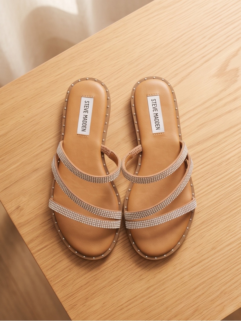 Steve Madden Tan Crystal Triple-Strap Slide Sandals